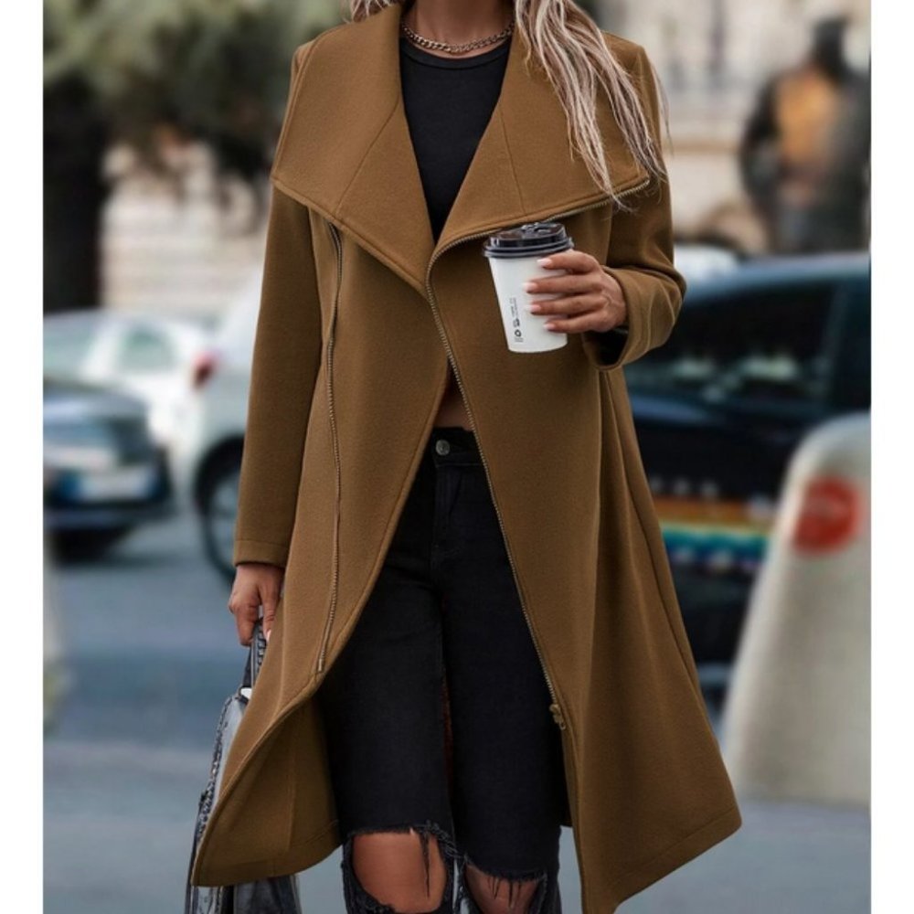 Zipper detailed Waterfall Collar Overcoat Jacket Coat mocha brown - Picture 2 of 4
